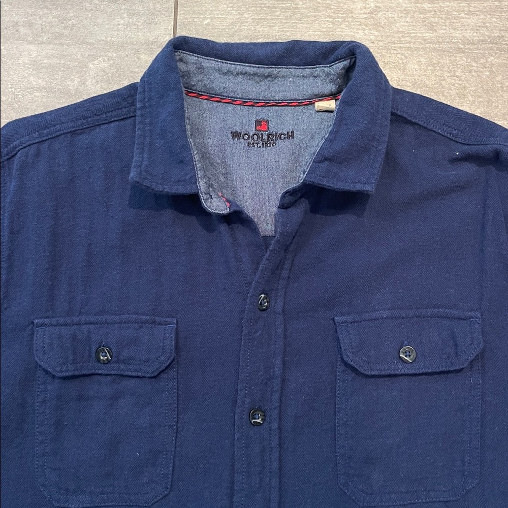 Woolrich Button Down Light Flannel 100% Cotton XL Blue Herringbone
